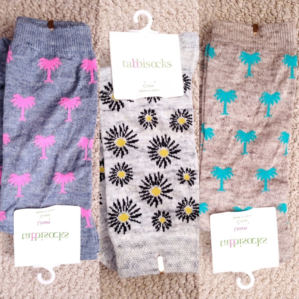 Tabbisocks 3 Pairs of linen blend natural socks daisy palm tree print Size 6-11